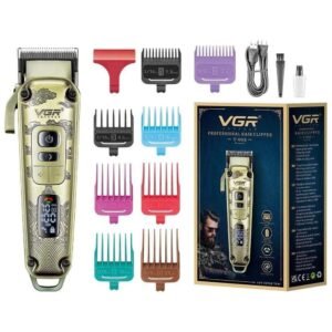 ماكينة قص شعر VGR V-005 ذهبية لاسلكية مع الأمشاط الملونة والملحقات